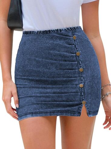 EXLURA Womens Mini Denim Skirt High Waisted Stretchy Jean Skirts with Slit Trendy Casual Slim Fit Short Skirts in Saudi Arabia