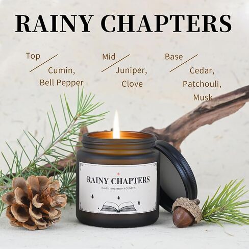 Rainy Chapters Scented Jar Candle - 100% Soy Wax Aromatherapy Candle with Juniper & Cedar Notes, Long-Lasting Fragrance for Home, Relaxation Romantic Ambience (4oz, 20-Hour Burn Time) in Kuwait