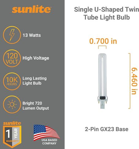 Sunlite Compact Fluorescent Single U-Shaped Twin Tube Light Bulb, 13 Watts, 120 Volts, 720 Lumens, 2-Pin GX23 Base, 2700K Soft White, 10 Pack in Saudi Arabia