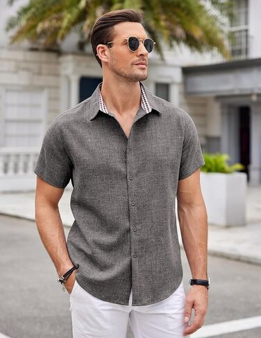 COOFANDY Mens Linen Shirt Casual Short Sleeve Button Down Shirts Summer Beach Vacation Tops in Saudi Arabia
