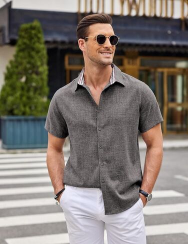 COOFANDY Mens Linen Shirt Casual Short Sleeve Button Down Shirts Summer Beach Vacation Tops in Saudi Arabia