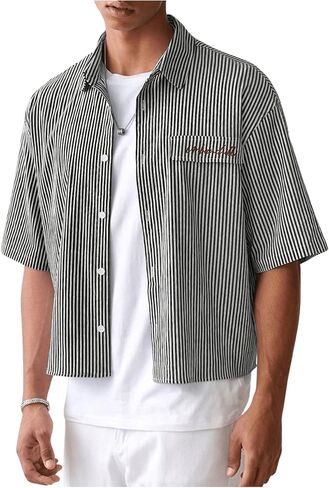 Gorglitter Men's Men Proced Crop Letter Graphic Right Button لأسفل لأعلى قميص ذي طوق قصير الأكمام in Saudi Arabia