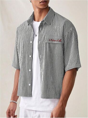 Gorglitter Men's Men Proced Crop Letter Graphic Right Button لأسفل لأعلى قميص ذي طوق قصير الأكمام in Saudi Arabia