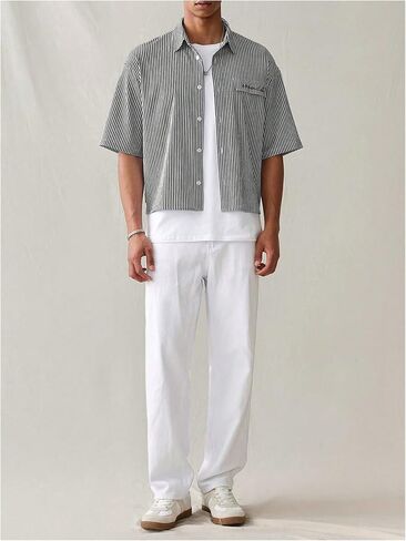 Gorglitter Men's Men Proced Crop Letter Graphic Right Button لأسفل لأعلى قميص ذي طوق قصير الأكمام in Saudi Arabia