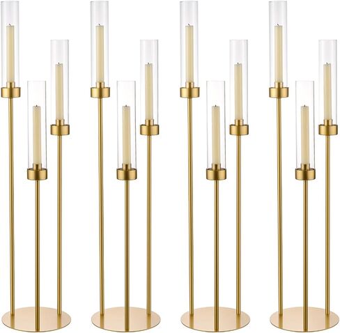 Vincidern 4pcs Gold Candelabra 3 Arm, Hurricane Candle Holders Centerpiece, Taper Candle Holders with Acrylic Shades for Table Centerpiece, Halloween,Christmas Party Decorative Candlestick Holder in Kuwait