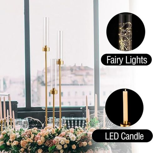 Vincidern 4pcs Gold Candelabra 3 Arm, Hurricane Candle Holders Centerpiece, Taper Candle Holders with Acrylic Shades for Table Centerpiece, Halloween,Christmas Party Decorative Candlestick Holder in Kuwait