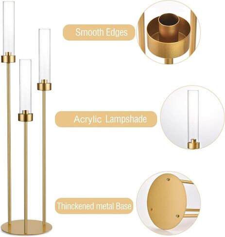 Vincidern 4pcs Gold Candelabra 3 Arm, Hurricane Candle Holders Centerpiece, Taper Candle Holders with Acrylic Shades for Table Centerpiece, Halloween,Christmas Party Decorative Candlestick Holder in Kuwait