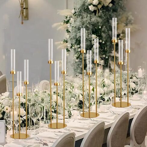Vincidern 4pcs Gold Candelabra 3 Arm, Hurricane Candle Holders Centerpiece, Taper Candle Holders with Acrylic Shades for Table Centerpiece, Halloween,Christmas Party Decorative Candlestick Holder in Kuwait