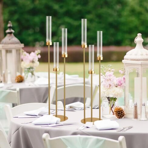 Vincidern 4pcs Gold Candelabra 3 Arm, Hurricane Candle Holders Centerpiece, Taper Candle Holders with Acrylic Shades for Table Centerpiece, Halloween,Christmas Party Decorative Candlestick Holder in Kuwait