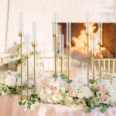 Vincidern 4pcs Gold Candelabra 3 Arm, Hurricane Candle Holders Centerpiece, Taper Candle Holders with Acrylic Shades for Table Centerpiece, Halloween,Christmas Party Decorative Candlestick Holder in Kuwait