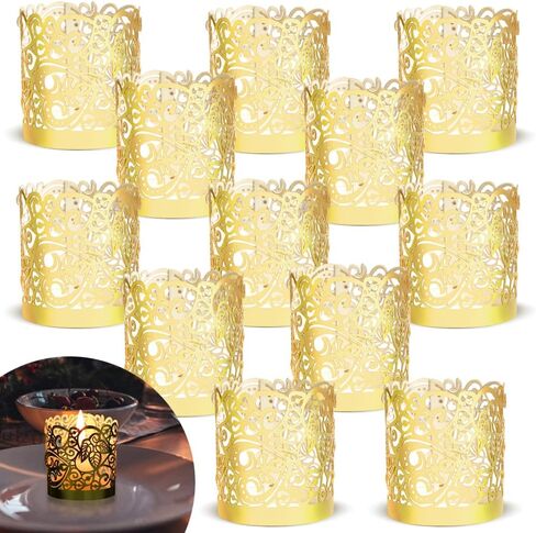 LOVEINUSA 48pcs Votive Candles Holders Wraps, Gold Tea Light Candle Fairy Home Decoration (No Bottom) in Saudi Arabia