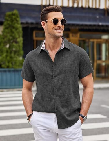 COOFANDY Mens Linen Shirt Casual Short Sleeve Button Down Shirts Summer Beach Vacation Tops in Saudi Arabia