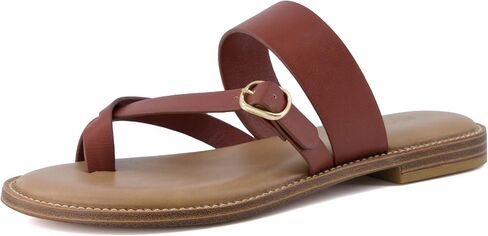 CUSHIONAIRE Laws Women’s Flat Sandal – Faux Leather Slip-On with Toe Loop, Adjustable Buckle & Cushioned Footbed in Saudi Arabia