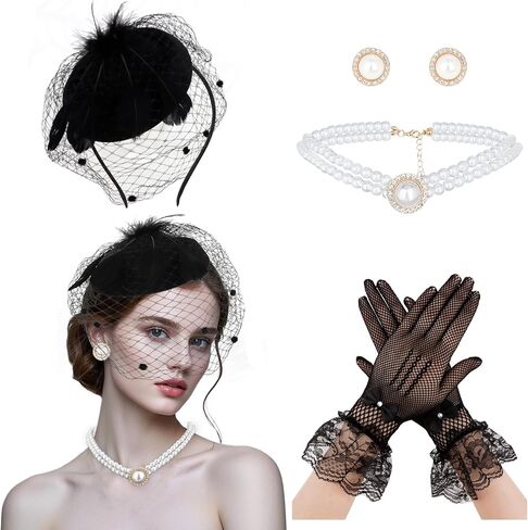 الخمسينيات من القرن الماضي قبعات للنساء 4pcs derby hat قبعات شاي الحفلات قبعات رئيس الرأس مع مجموعة من المجوهرات لؤلؤة الدانتيل in Kuwait