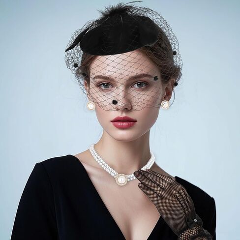 الخمسينيات من القرن الماضي قبعات للنساء 4pcs derby hat قبعات شاي الحفلات قبعات رئيس الرأس مع مجموعة من المجوهرات لؤلؤة الدانتيل in Kuwait