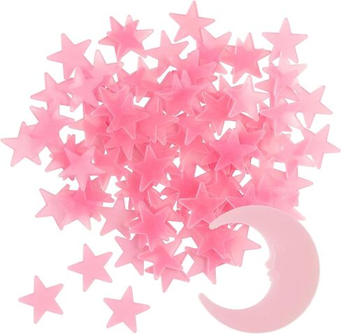 100 Stars and 1 Moon Glow in The Dark Luminous Fluorescent 3D Plastic Glow Stars Moon for Ceiling, Glowing Wall Stickers Create a Realistic Starry Sky, Room Decorations (Pink) in Kuwait