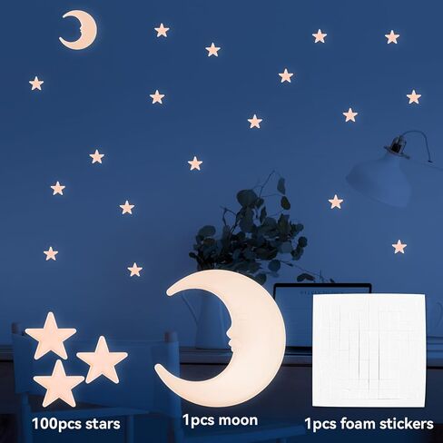 100 Stars and 1 Moon Glow in The Dark Luminous Fluorescent 3D Plastic Glow Stars Moon for Ceiling, Glowing Wall Stickers Create a Realistic Starry Sky, Room Decorations (Pink) in Kuwait
