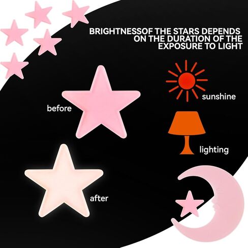 100 Stars and 1 Moon Glow in The Dark Luminous Fluorescent 3D Plastic Glow Stars Moon for Ceiling, Glowing Wall Stickers Create a Realistic Starry Sky, Room Decorations (Pink) in Kuwait