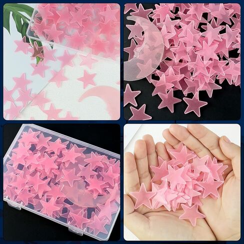 100 Stars and 1 Moon Glow in The Dark Luminous Fluorescent 3D Plastic Glow Stars Moon for Ceiling, Glowing Wall Stickers Create a Realistic Starry Sky, Room Decorations (Pink) in Kuwait