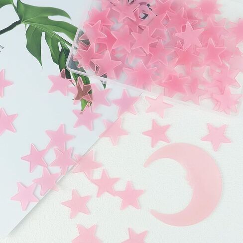 100 Stars and 1 Moon Glow in The Dark Luminous Fluorescent 3D Plastic Glow Stars Moon for Ceiling, Glowing Wall Stickers Create a Realistic Starry Sky, Room Decorations (Pink) in Kuwait