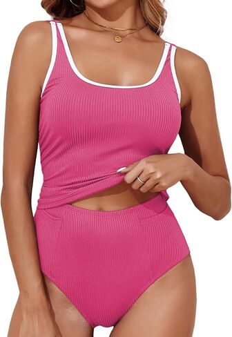 Aleumdr Tankini Swimsuit for Women 2 Piece Tummy Control Bathing Suit Athletic Color Block Swim Tank Top and Shorts in Saudi Arabia
