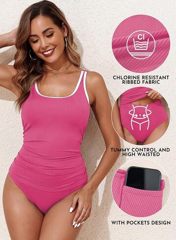 Aleumdr Tankini Swimsuit for Women 2 Piece Tummy Control Bathing Suit Athletic Color Block Swim Tank Top and Shorts in Saudi Arabia