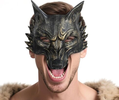 VZQI Wolf Mask Adult Halloween Werewolf Mask Men Wolf Costume Animal Masquerade Half Face Tooth Gold in Saudi Arabia