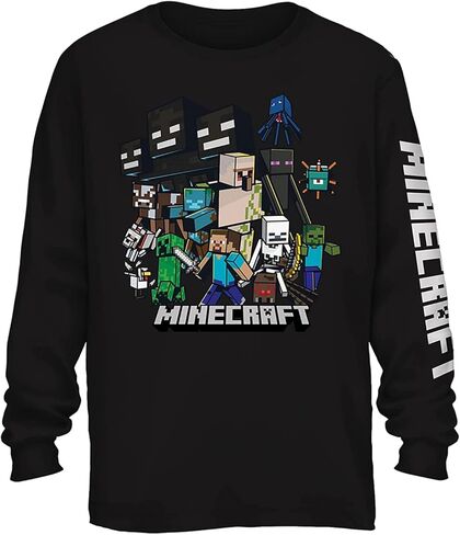 Minecraft Boys Video Game T-Shirt - Black and Green Creeper Face - Official Long Sleeve Shirt in Kuwait
