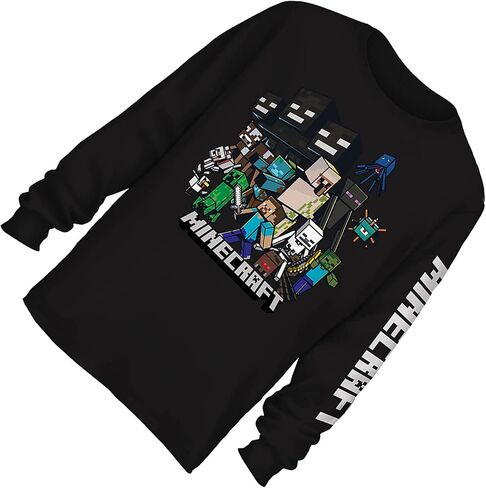 Minecraft Boys Video Game T-Shirt - Black and Green Creeper Face - Official Long Sleeve Shirt in Kuwait