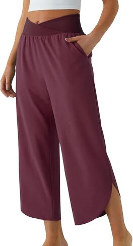 Wide Leg Pants for Women Crossover High Waisted Casual Yoga Pant Pockets Lounge Split Quick Dry Beach Travel Vacation Bottoms in Saudi Arabia