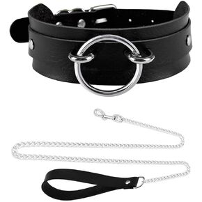 Black Wide Soft Faux Leather Collar Choker and Chain Set,Adjustable Thick PU Necklace for Cosplay, Big Ring Charm Chocker