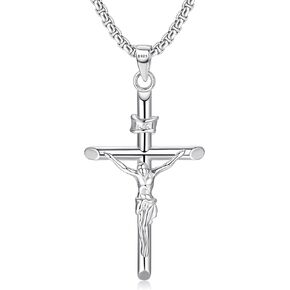MILACOLATO 925 Sterling Silver Crucifix Necklace for Men Women, 2mm Sterling Silver Rolo Chain with Small or Large Crucifix Pendant, Jesus Crucifix Cross Necklace 16-24 Inches Christian Religious Jewelry Gifts