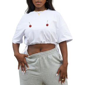 LovelyWholesale Graphic Tees for Women Drawstring Crop Tops Summer Short Sleeve T Shirts