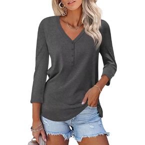 Women's V Neck 3/4 Sleeve Tops Solid Shirts Casual Summer Tees