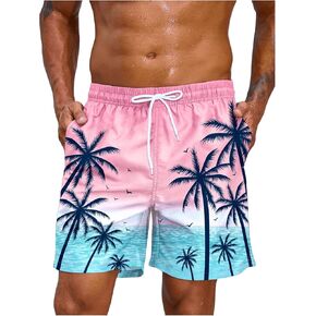SweatyRocks Men's Printed Drawstring Waist Swim Trunks Straight Leg Hawaiian Beach Shorts