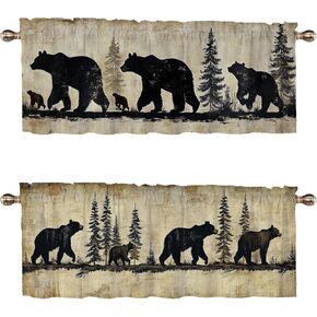 Black Bear Kitchen Curtains Set of 2 for Windows Trees Bears Forest Woodland Adventure Decorative Decoration Window Valances Curtains Drapes for Kitchen Bedroom Window Treatment Valances 54x18 inch