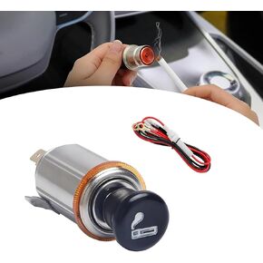 1 PC Car Cigarette Lighter with Eject Button, Waterproof Durable Metal Vehicle Lighter Female Socket with Wire Harness, Universal Automotive Power Socket Accessories (Silver)