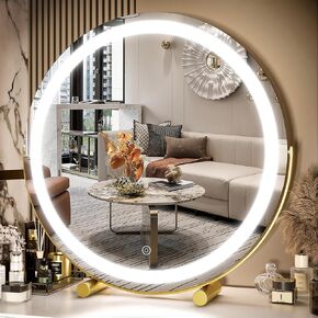 FENNIO 18 inch Large Vanity Mirror with Lights, Round LED Lighted Up Makeup Mirror, Large Makeup Mirror with Lights, Touch Sensor with 3-Color Lighting Dimmable for Vanity Desk Tabletop, Bedroom