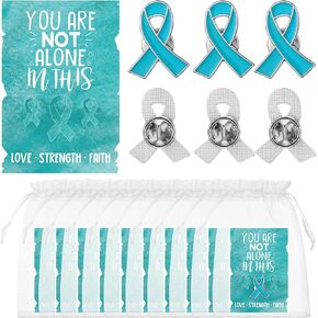 60 Pcs/30 Sets Teal Ribbon Awareness Pins with Card Include 30 Pcs Teal Ribbon Lapel Pins and 30 You Are Not Alone Cards for Ovarian Cancer Awareness Sexual Assault PTSD Anxiety Disorder
