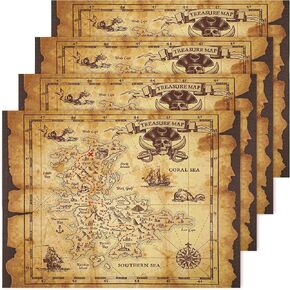 Tegeme 4 Pieces Pirate Treasure Map Adventure Vintage Treasure Map for Pirate Party Supplies, Halloween Party Supplies Accessory Home Decor, 17.7 x 13 Inch