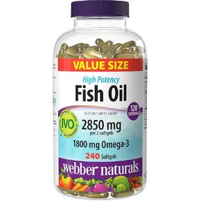 Webber Naturals زيت السمك 2850 ملغ ، فاعلية عالية ، 1800 ملغ أوميغا 3 لكل وجبة ، 240 ناعمة معوية صافية ، لا طعم مريب ، نقيل فائقة ، ودعم القلب ، المعرفي ، والصحة المشتركة