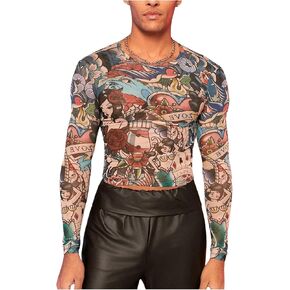 Floerns Men's Cartoon Print Long Sleeve T Shirt Nightclub Sheer Mesh Crop Tops
