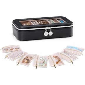 Lolalet 8 in 1 Travel Jewelry Case with Velvet Pouches, Clear Window Travel Jewelry Organizer Bags for Earrings, Bracelets, Necklaces and Rings, Compact Jewelry Storage for Women Girls -Beige, 7PCS
