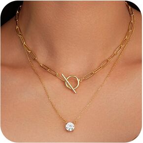 Non Tarnish 14k Gold Plated Layered Necklaces for Women Trendy, Sliver Stackable Dainty Herringbone | Paperclip | Rope | Cuban Chain Necklace Adjustable Jewelry Set Gift for Women
