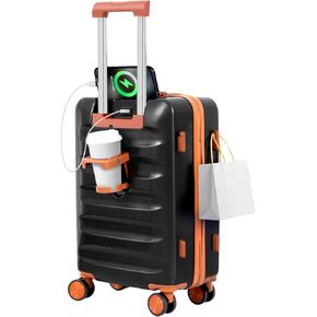20" Suitcase Set 10 Pcs, Airline Certified Luggage, Carry-on Luggage with Cup Holder and USB Port, Suitable for Business, Traveling (Luggage + 2 Travel Bags, 7 Organizer Bags, White)