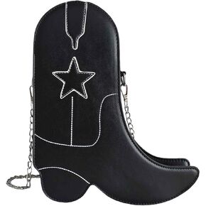 Women's Small Black Western Unique Cowboy Boot Shaped Vegan Leather Crossbody Purse Bag with Silver Chain