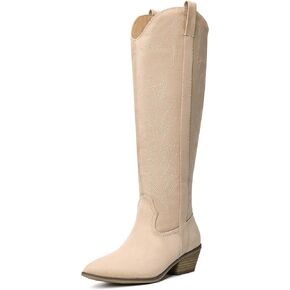Bigwow Women's Western Cowboy Knee-High Boots Suede Embroidery Pointed Toe Tall Boots Side Zipper Low Chunky Heel Long Boots for Ladies