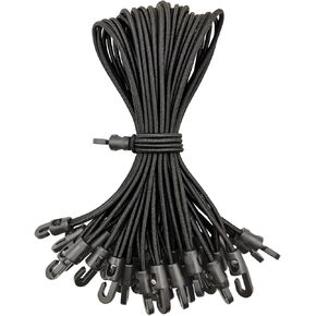 Small Black Bungee Cords with Hooks, 25 Pcs, 10 Inch, Latex Rubber, Heavy Duty, Sunproof, Waterproof, Elastic, Suitable for Tarpaulins, Tents, Canopy and Fixings