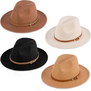 4 Pcs Unisex Wide Brim Fedora Hat with Belt Buckle Floppy Felt Vintage Boho Wool Hat Classic Western Cowboy Hats Porkpie Panama Hat