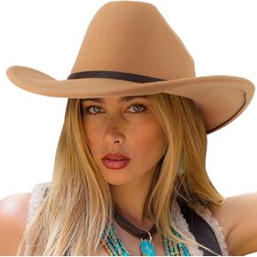 DRESHOW Classic Western Felt Cowboy Cowgirl Hat for Women Men Outdoor Wide Brim Belt Buckle Retro Panama Hat Unisex Rolled up Caps
